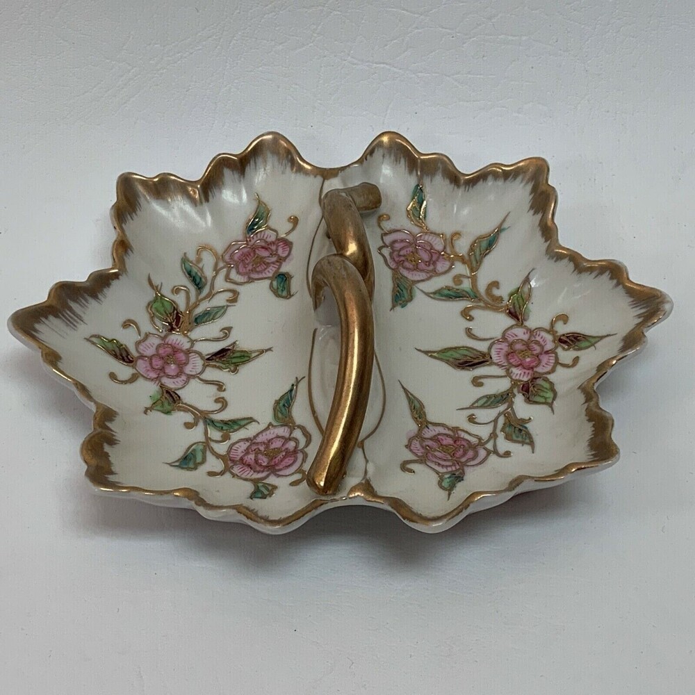 Vintage Porcelain Ashtray Divided Dish Ivory Gold Trim Floral Handle Multi-color - Picture 2 of 6
